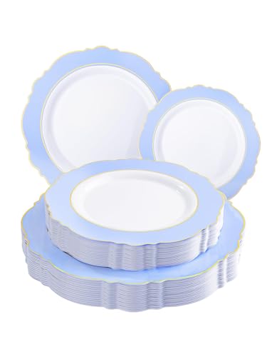 WDF 60pcs Blue Plates Disposable With Gold Rim - Baroque Baby Blue Plastic Party Plates for Wedding/Party/Baby Shower/Spring - color: Blue and Gold, size: 60PCS