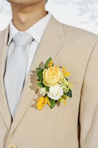 Ling's moment Pocket Boutonniere Single, Boutonniere for Men Groom for Wedding, Prom, Homecoming, Anniversary, Graduation, etc.Yellow White - color: Ylw-yellow & White, size: 6" W x 5" H