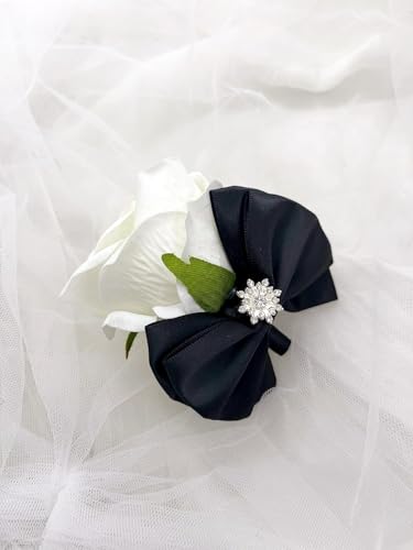 Ting & Cecilly Rose Wrist Corsage Boutonniere Set Artificial Flower Corsage Boutonniere with Satin Ribbon Rhinestone Decor Handmade Silk Flower for Prom Wedding Party Suit Decor (Black) - color: Black