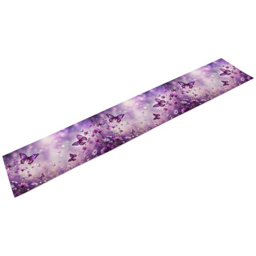 Flowers Butterfly Spring Table Runner, Purple Floral Seasonal Kitchen Dining Table Decoration for Home Party Decor 13x36 Inch - color: Butterfly_3, size: 13x36inch