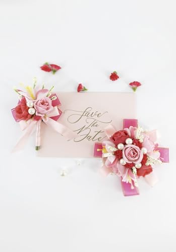 Hot Pink Rose Corsage and Boutonniere Set, Prom Flower Wrist Corsage Wristlet Band Bracelet, Boutonniere for Men Wedding Flowers Accessories Prom Suit Decorations - color: Hot Pink