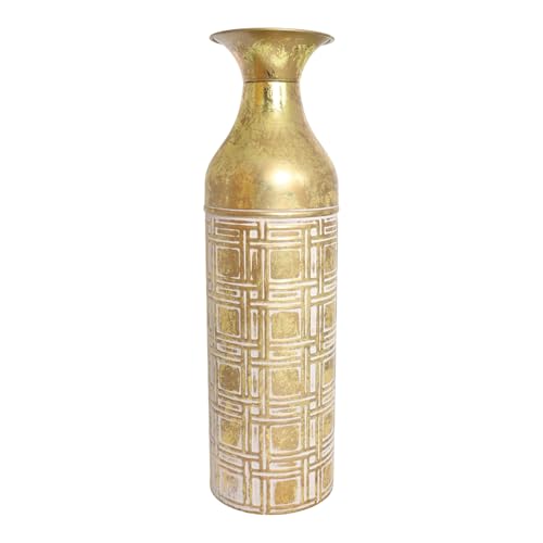 Hosley 16" Distressed Gold Cylinder Flower Vase with Etched White Geometric Grid Pattern for Home Decoration & Floral Arrangements - color: Gold White, size: 16" High