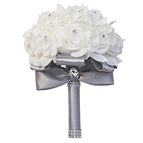 Yoanshop Wedding Bouquets for Brides or Bridesmaids Crystal Silk Roses Bridal Bridesmaid Wedding Hand Bouquet Artificial Fake Flowers (Light Grey) - color: Light Grey