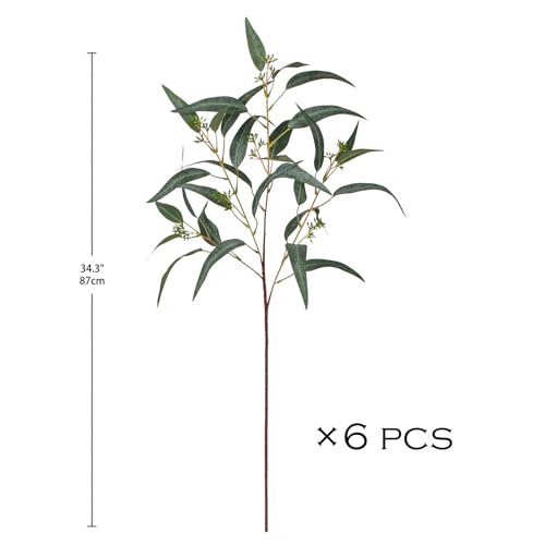 Faux Eucalyptus Stems Willow Eucalyptus Leaves 34” Long Fake Salix Leaves 6 Pcs Artificial Greenery Stems for DIY Bouquet Arrangements Centerpieces Shower Decorations-Artificial Eucalyptus Stems-Green - color: Green With Seed, size: 6Pcs