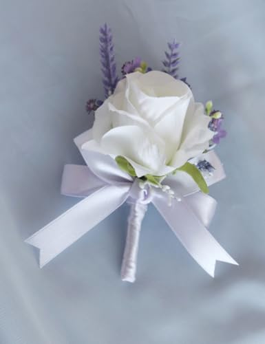 Ting & Cecilly Lavender Rose Wrist Corsage Wristlet Band Bracelet and Men Boutonniere Set for White Wedding Flower Accessories Prom Suit Decorations