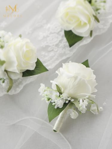6Pcs Ivory White Rose Boutonniere for Men Wedding, Dance Party | Groomsmen Groom and Best Man Boutonniere for Wedding, Rose Boutonniere for Men Prom Homecoming Anniversary Party - color: White Boutonniere 6pcs