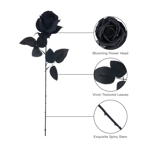 12 Pcs Black Roses Artificial Flowers with Long Stem, Faux Silk Rose Bouquet Realistic Lifelike Fake Floral Bundles for Halloween Valentine's Day Wedding Party Table Centerpiece Decor, Small - color: Black, size: Small