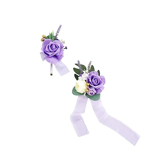 Ansofi Lavender Purple Corsage and Boutonniere Set, Prom Artificial Flower Wrist Corsage Bracelets, Homecoming Wristlet, Boutonniere for Men Wedding Flowers Accessories Prom Suit Decorations