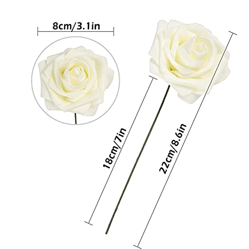 25pcs Artificial Flower Foam Rose Real Touch Roses Flower Heads with Stem for DIY Wedding Bouquets Centerpieces Arrangements Party Baby Shower Home Decor (Ivory) - color: Ivory