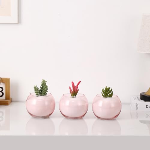Pink Round Vases Set of 6, Flower Vases for Centerpieces, Glass Vase for Flowers, Glass Bowl Vase for Living Room, Bedroom, Kitchen, Office, Wedding, 5'' W x 4'' H - color: Pink, size: 5”