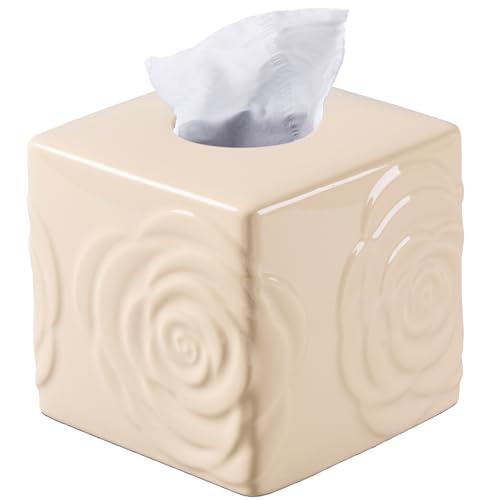 Beige Ceramic Cube Tissue Box Cover with Rose – Large Elegant Rose Floral Square Decorative Tissue Box Holder for Bathroom, Bedroom, Office Desk, Kitchen Counter – Perfect Housewarming Gift - color: Beige