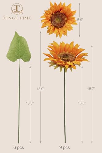 TINGE TIME 9 pcs Sunflowers Artificial Flowers, 6'' Silk Fake Sunflowers with Stems, Orange Faux Sunflowers for DIY Outdoors Decor Home Decor Tables Centerpieces - color: Orange