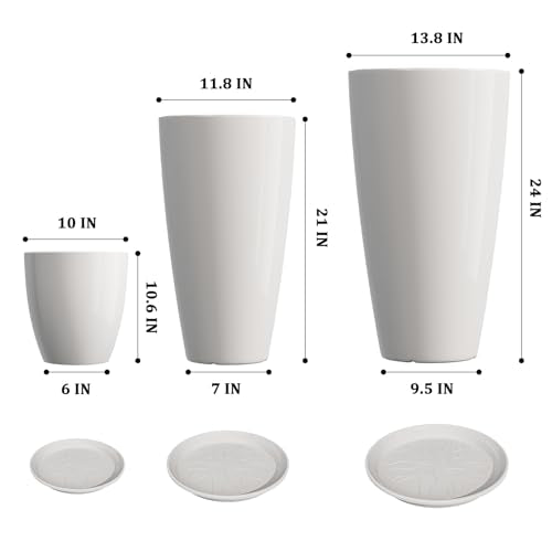 QCQHDU 24,21,11 inch Large Planters with Drainage Hole & Saucer, Set of 3 Plant Pots Tall Planter for Indoor & Outdoor Plants Home Modern Decor - color: White, size: 24,21,11 inch