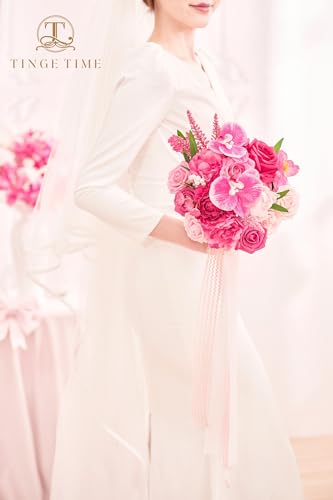 TINGE TIME 9 Inch Artificial Bridal Bouquet, Cascading Wedding Bouquet for Wedding Ceremony and Anniversary (Hot Pink) - color: Hot Pink