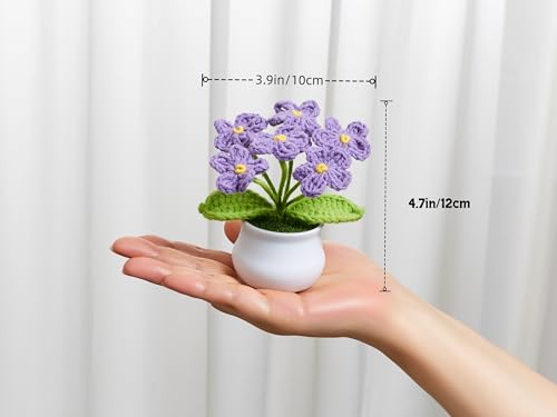 Purple Crochet Flowers Cute Handmade Knitted Potted Flower Plants Valentines Gift for Women Female Teacher Birthday Anniversary Decor for Car Dashboard Home Room Office Desk Decorations - color: Purple