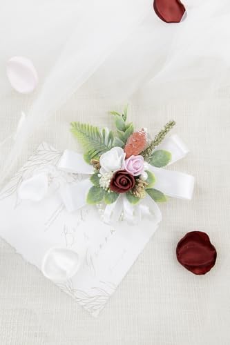 Burgundy White Corsage and Boutonniere Set Wrist Corsage Wristlet for Prom Groom Flower Boutonniere for Men Wedding Party Homecoming Accessories Suit - color: Burgundy White
