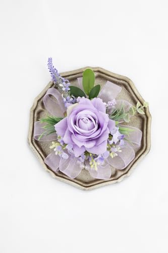 Purple Corsage and Boutonniere Set, Corsage Wristlet for Women and Boutonniere for Wedding Prom Homecoming, Artificial Rose Flowers Boutonniere and Wrist Corsage - color: Purple
