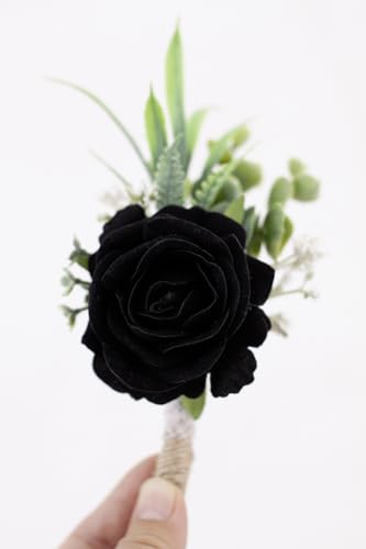 Ansofi Black Corsage and Boutonniere Set Artificial Rose Flower Wrist Corsage and Boutineers for Groom Groomsmen Bride Bridesmaids Prom Rustic Vintage Wedding Decor - color: Black