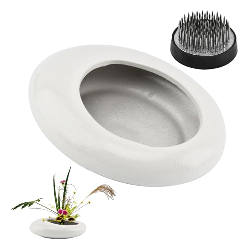 Flower Frog Vase Kit, Japanese Ikebana Flower Arrangement with 1.57 Inch Kenzan Ceramic White Pebble Shaped Bowl, 2-in-1 Flowers Arrangement Kenzan Needle Straightening Tool(Color:White) - color: White