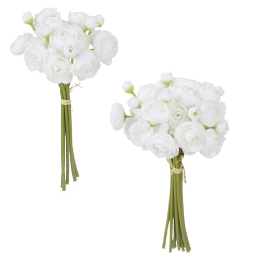 IPOPU Ranunculus Artificial Flowers 2 Bouquets Small White Flowers 12PCS Faux Ranunculus Flowers White for Vase Filler Bouquet Wedding Decor Bridal Shower Floral Filler Flowers Centerpieces (White) - color: White
