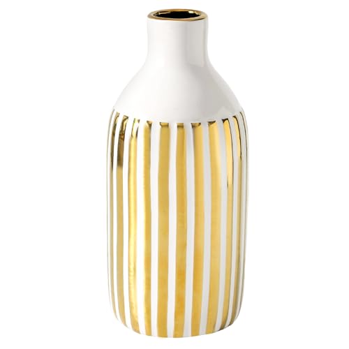 White and Gold Vase, Ceramic Flower vases for Centerpiece, Decorative Flower Vases Vertical Pattern, Vintage-Vases, Tall-Vase for Home Decor, Centerpiece, Modern Minimalist, Indoor/Outdoor（10in） - size: 10 inch