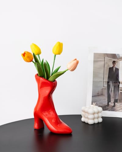 Ceramic Boot Vase for Modern Home Decor,7.9" High Heel Bootie Flower Vase,Quirky Funky Aesthetic Room Decor,Trendy Coffee Table Centerpiece for Women(Red) - color: Red