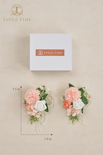 TINGE TIME Set of 2 Wrist Corsage Bracelets Pearl Wristlet Band Bridesmaid Bracelet for Wedding Ceremony Bridal Shower Wedding Artificial Flower Prom (CoralPink&Champagne) - color: Coral Pink & Champagne