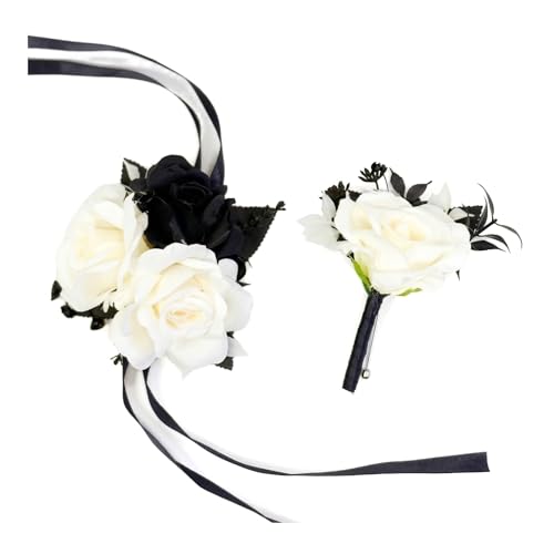 Wedding Flower Set with Rose Corsage and Boutonniere for Men (Black & White) - color: Black & White