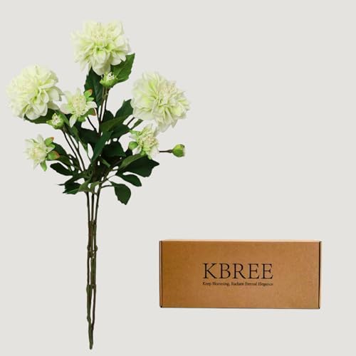 KBREE Real Touch Dahlia Artificial Flowers, 3 Pcs, 24.3” Long Stem Faux Dahlias in Natural Tones, Large Flowers Stems for Wedding Bouquet DIY, Table Centerpiece & Home Office Decor (Light Green) - color: Light Green