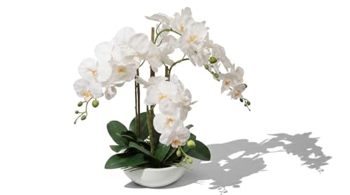 Larksilk 20" White Phalaenopsis Orchid in White Round Pot - Realistic Faux Orchid Arrangement