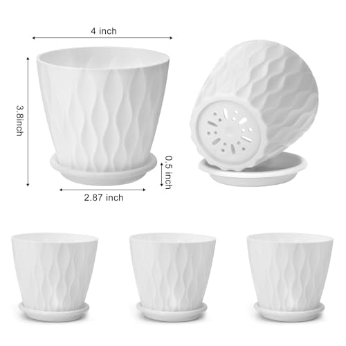 YNNICO 4 inch Plant Pots, 5 Pack Flower Pots Outdoor Indoor, Planters with Drainage Holes and Tray Saucers（White） - color: White, size: 4 inch
