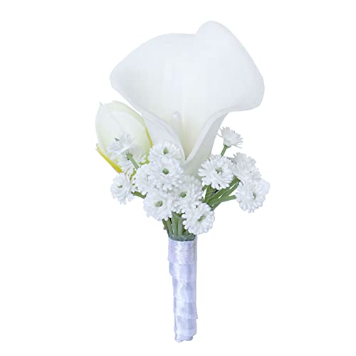 White Wrist Corsage and Men Boutonniere Set Artificial Calla Lily Bridesmaid Wrist Corsage Groomsmen Boutonniere for Wedding Ceremony Anniversary Party Prom (White, 1) - color: White Boutonniere