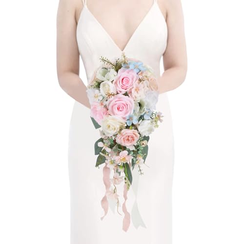 Blush Pink Wedding Bouquets for Bride,10 Inch Fake Cascading Bridal Bouquet Silk Faux Flowers for Ceremony Anniversary Wedding Bridal Shower(Light Pink) - color: Light Pink