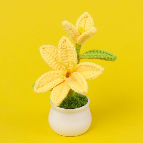 Crochet Lily Flowers, 2pcs Handmade Knitted Plant Artificial Lily Flowers Gift to Family and Friends, Home Wedding Office Desk Cafe Decoration (Yellow) - color: Lily-yellow