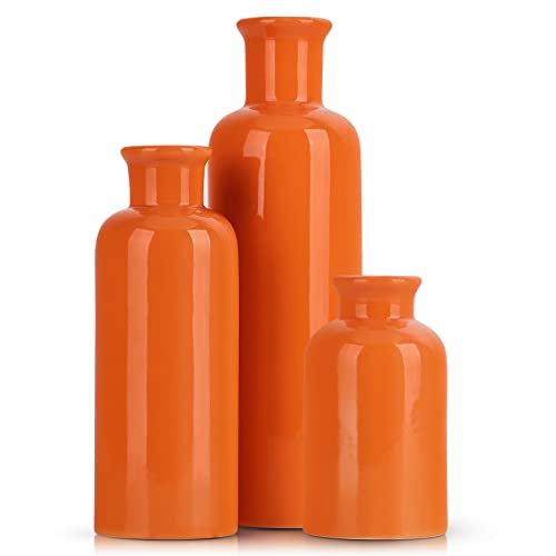 Ceramic Vase Set - 3 Orange Small Vases, Farmhouse Country Flower Vase Home Decor, Living Room Decoration, Table Decoration, Fireplace Decor, and Entrance Decorations Centerpieces - color: Orange