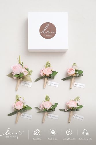 Ling's moment Boutonniere for Men, 6pcs Groom Groomsmen Boutonniere, Artificial Flowers for Wedding Decor/Prom/Homecoming, etc.Blush Pink - color: Pk-blush & Pink