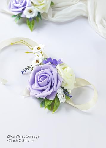 Set of 2 Wrist Corsage Wristlet for Wedding Bridesmaid Mother Grandmother for Bridal Shower Wedding Artificial Roses Flower Prom (Purple) - color: Purple