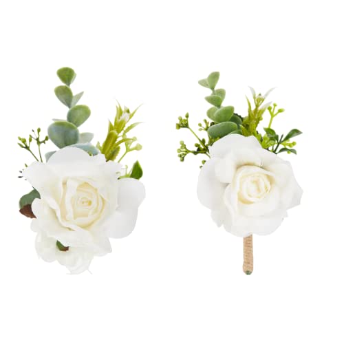 White Corsage and Boutonniere Set, Ivory Boutonniere, Prom Flower Wrist Corsage Bracelets, Homecoming Corsage Wristlet, Men Boutonniere for Wedding Flowers Accessories Prom Suit Decorations - color: 1 Boutonniere & 1 Wrist Corsage White