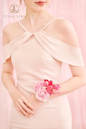 TINGE TIME Set of 2 Wrist Corsage (HotPink) - color: Hotpink