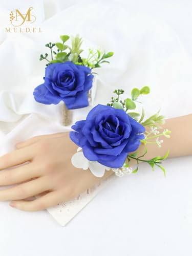 Navy Blue Boutonniere and Wrist Corsage for Dance Party, Wedding | Pearls Wristlet Corsage for Bride Bridesmaids, Boutonniere for Groom Best Man Wedding Flower Accessories Prom Ceremony Party - color: Royal Blue 1 Boutonniere&1 Wrist Corsage