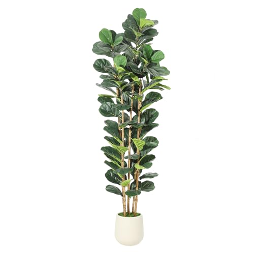 Garvee Artificial Fiddle Leaf Fig Tree with White Planter, Fake Plant with Natural Wood Trunk, Faux Ficus Tree Fake Moss for Home Office Living Room Decor - size: 7ft