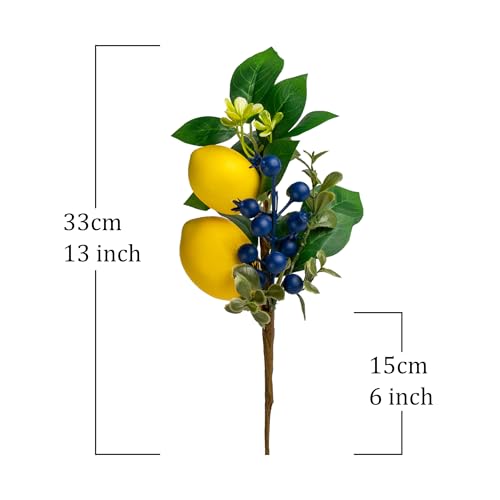13 Inch Artificial Lemon Branches (6 Pack), Lifelike Faux Fruit Lemon Blueberry Stems for Home Decor Wedding Flower Arrangements Holiday Decorations