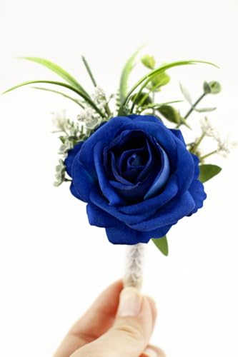 Ansofi Royal Blue Corsage and Boutonniere Set Artificial Rose Flower Wrist Corsage and Boutineers for Groom Groomsmen Bride Bridesmaids Prom Rustic Vintage Wedding Decor - color: Royal Blue
