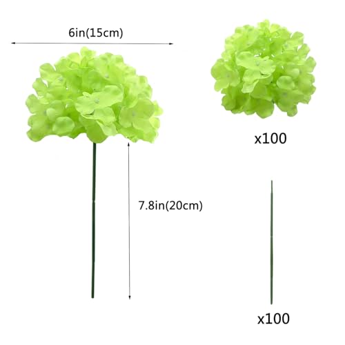 100PCS Artificial Hydrangea Flowers, Fake Flowers Silk Hydrangea Full Flowers Heads with Stems for Wedding Home Party Shop Baby Shower Decor (Green) - color: Green