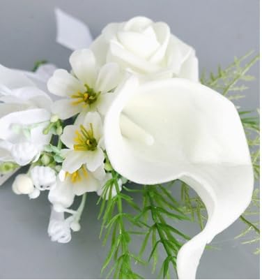 4PCS Calla Lily Boutonniere Handmade Romantic White Corsage Suitable for Wedding Ceremony, Anniversary, Dinner Dance (4), 10 x 14 cm