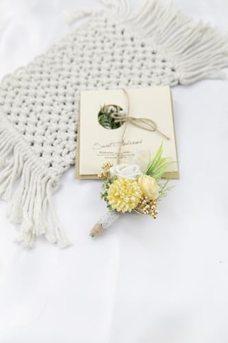 Ansofi Yellow Corsage and Boutonniere Set Artificial Rose Flower Wrist Corsage and Boutineers for Groom Groomsmen Bride Bridesmaids Prom Rustic Vintage Wedding Decor - color: Yellow