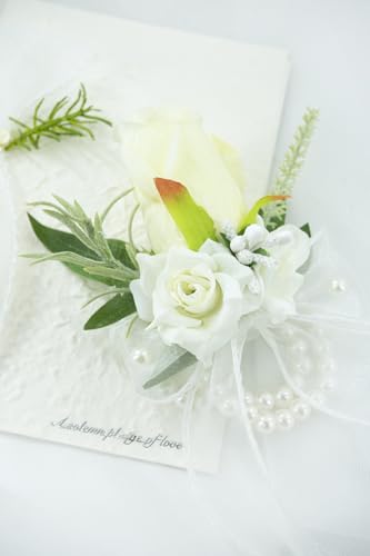 White Corsage and Boutonniere Set for Wedding Prom, Artificial Rose Flower Homecoming Corsage Wristlet, Boutonniere for Men Wedding Suit Decor - color: White