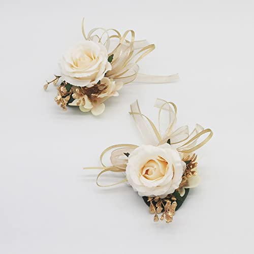 Beige Rose Wrist Flower Corsage & Boutonniere Set for Wedding Bride Bridesmaid Groom Groomsmen Parents Suit Lapel Pin Button Hole Flower for Prom Homecoming, Tea Party, Formal Dinner - color: Beige Set