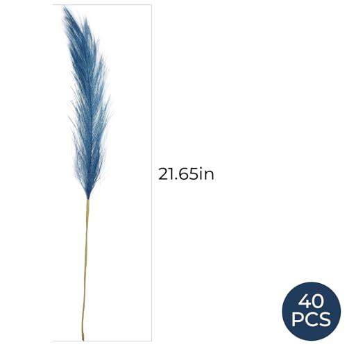 40pcs Blue Artificial Pampas Grass 21.6" Faux Dried Flowers Pompas Grass Bouquet Flower Arrangement and Vase Filler for Gothic Room Decoration Wedding Party Boho Home Decor - color: Blue