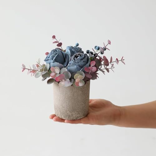 Small Artificial 2pcs Burnt Blue Rose Potted Plant, 6" Fake Silk Flowers in 3" Cylindrical Pot, Mini Faux Floral Arrangement for Desk Shelf Bathroom Decor - color: 2pcs Burnt Blue